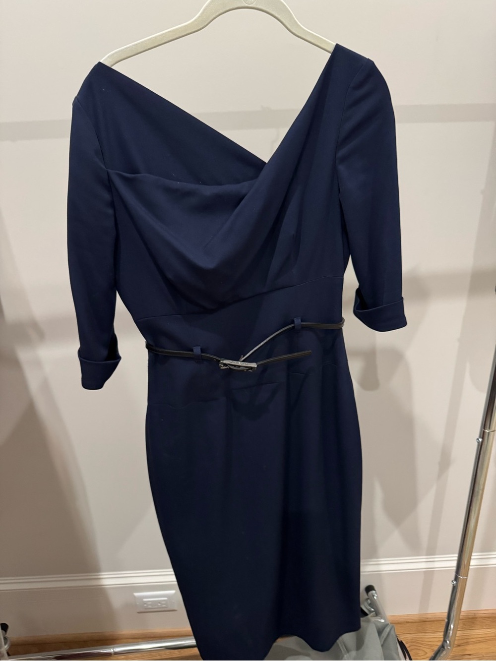 Black Halo Navy Draped-Back Sheath Dress